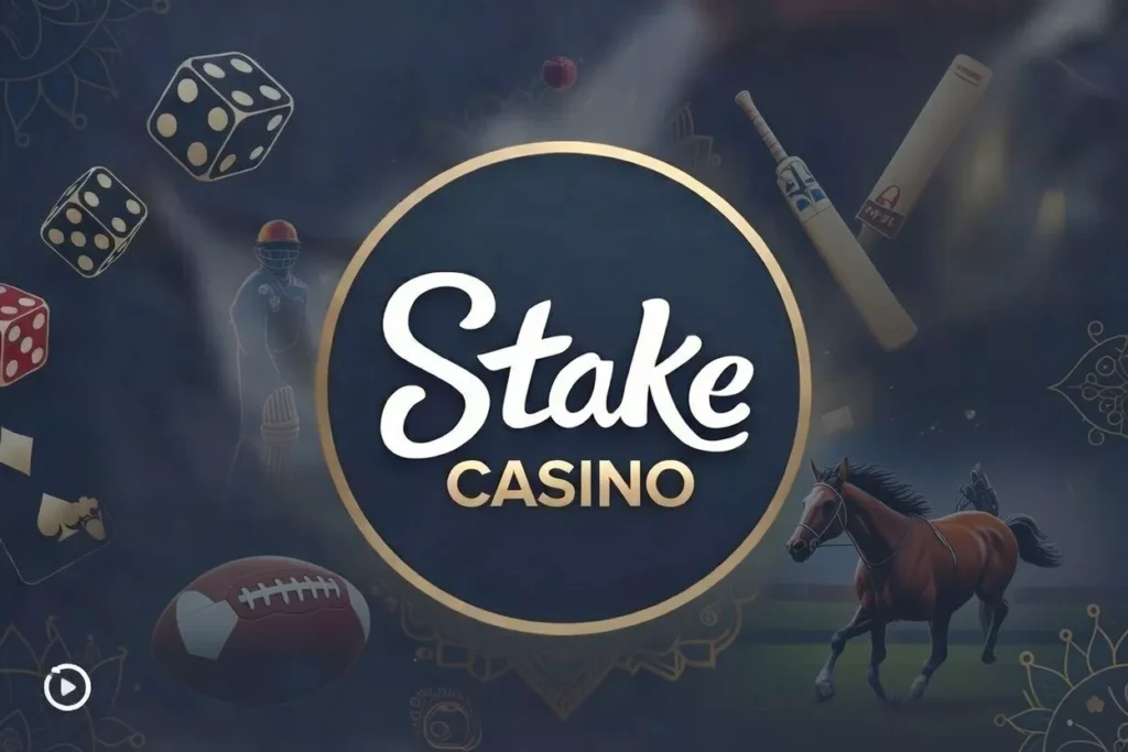 Stake Casino promotional banner featuring golden dice rolling, premium poker aces of spades and hearts, spinning roulette wheel, and classic casino chips on a deep navy background – Play slots, live casino, and Stake Originals now!