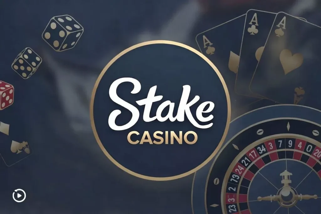 Stake Casino & Sportsbook promo graphic with dynamic sports theme: cricket bat and ball, galloping racehorse with jockey, American football, hard hat, and scattered dice – Bet on sports, casino games, and more with Stake!